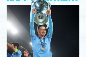 曼城祝格拉利什30岁生日快乐，球员为蓝月出战157场17球23助